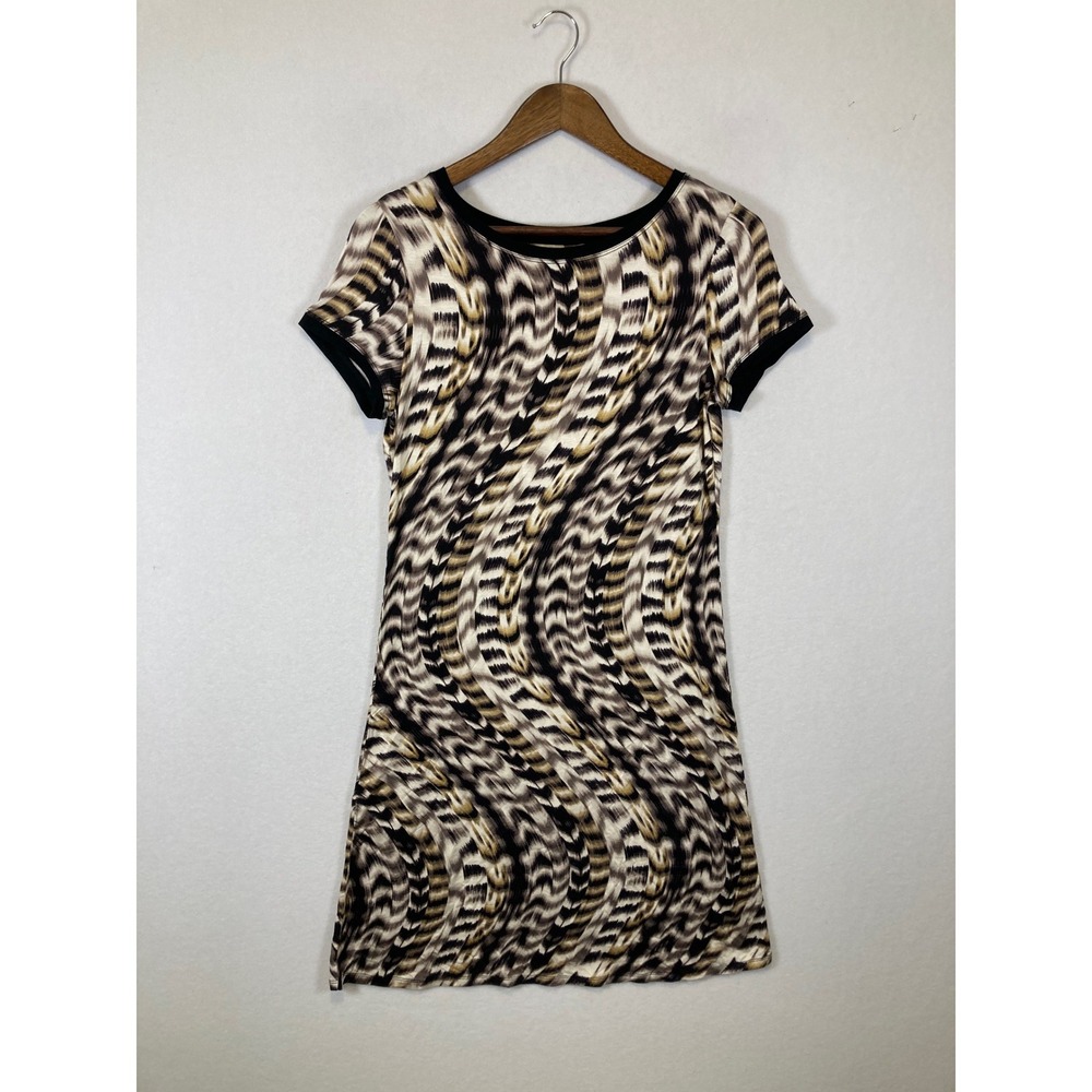 Indie Sleaze Calvin Klein Womens Small Tan Black Abstract Feather T-Shirt Dress